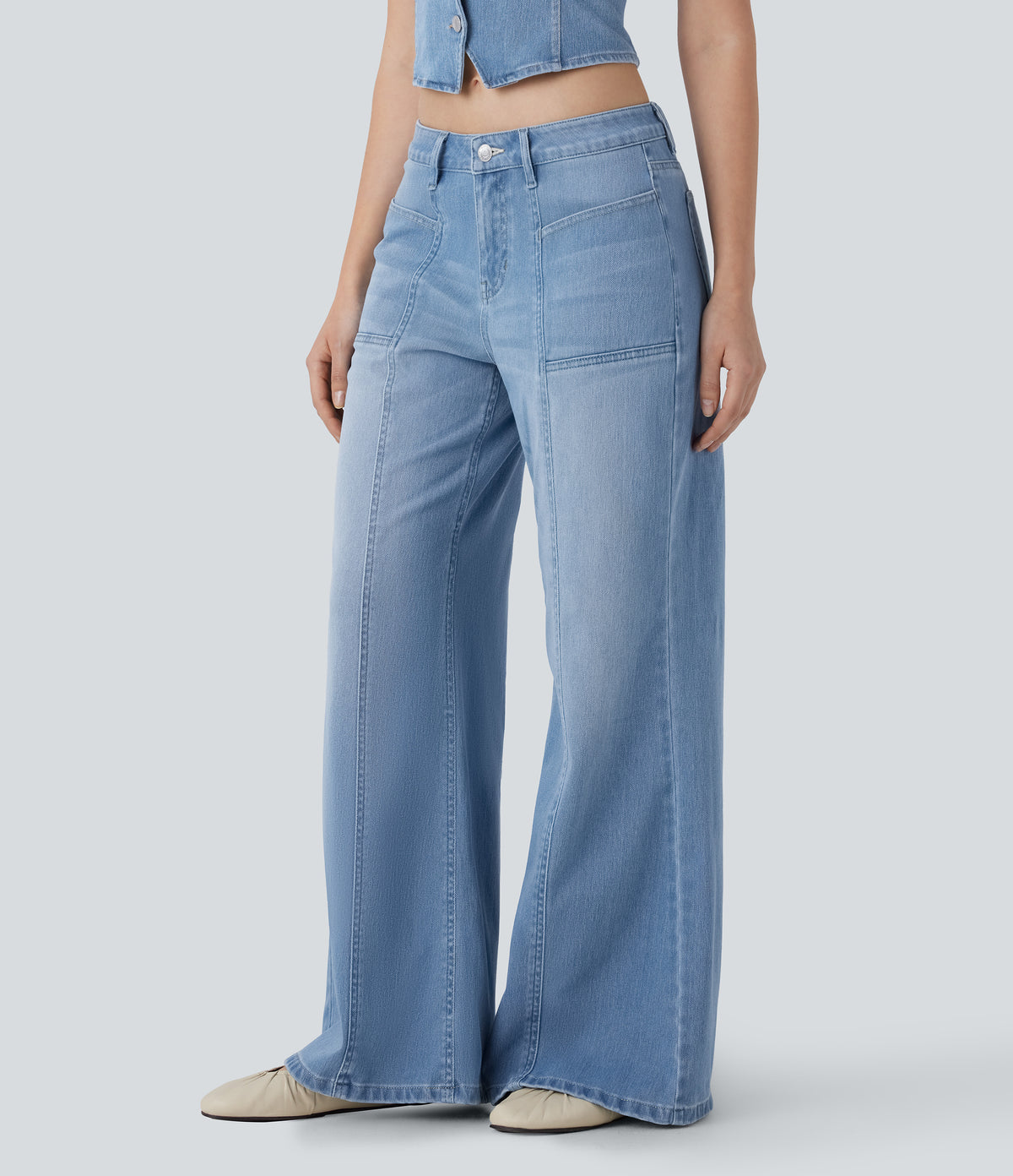 Low Rise Zipper Pockets Baggy Wide Leg Flared Washed Casual Jeans — Sea Blue Denim — view 3