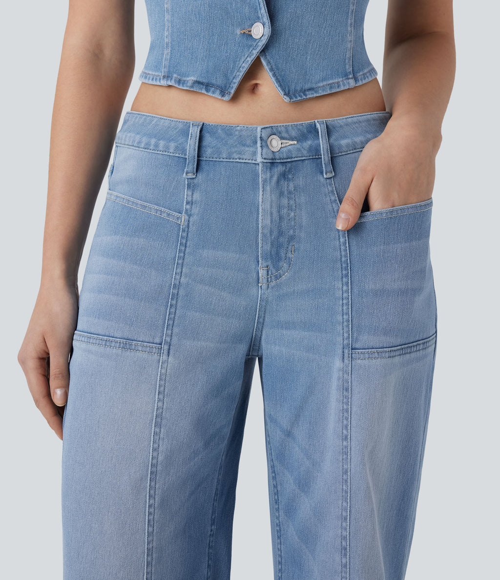 Low Rise Zipper Pockets Baggy Wide Leg Flared Washed Casual Jeans — Sea Blue Denim — view 5