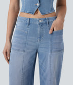 Low Rise Zipper Pockets Baggy Wide Leg Flared Washed Casual Jeans — Sea Blue Denim — view 5