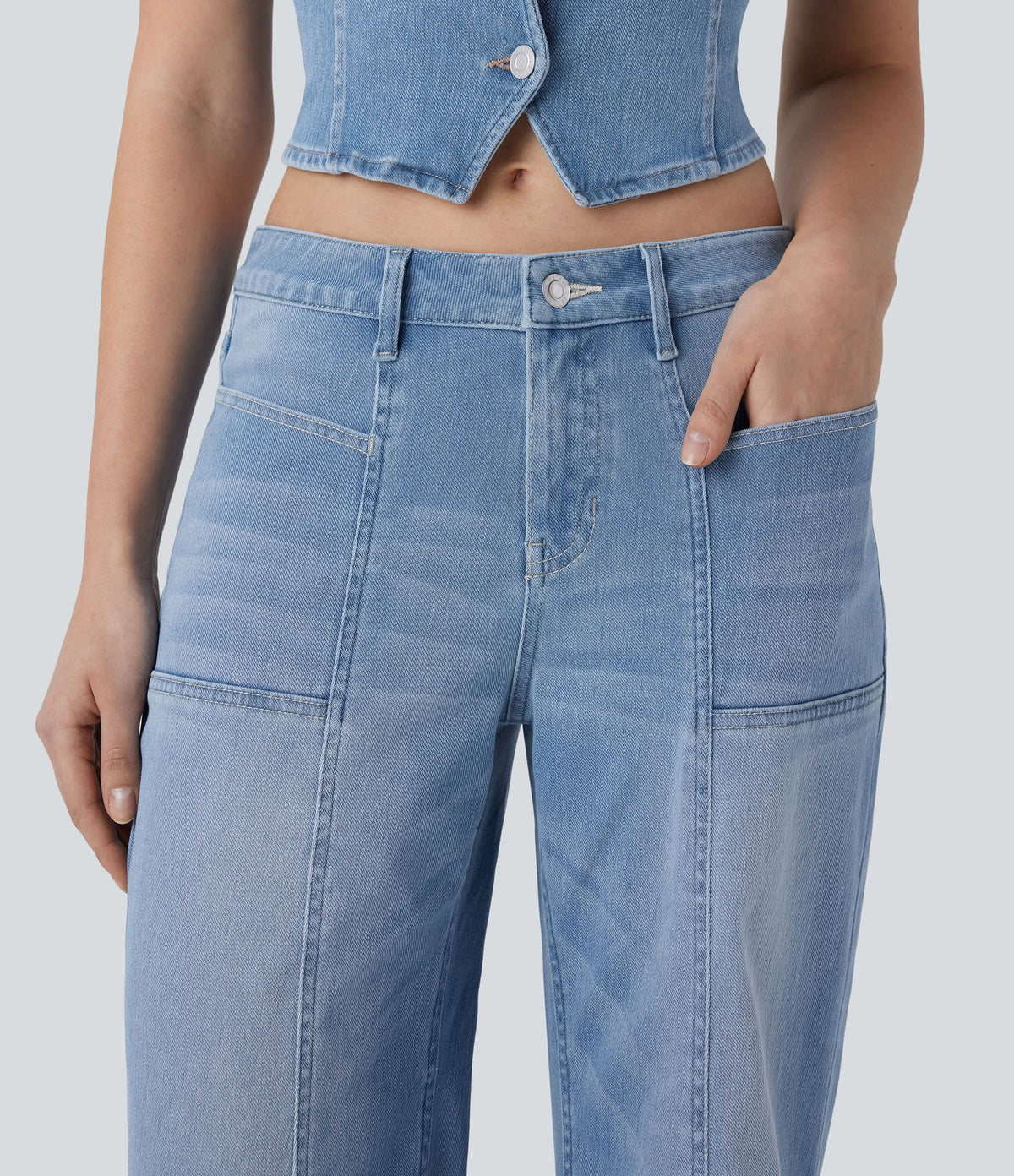 Low Rise Zipper Pockets Baggy Wide Leg Flared Washed Casual Jeans — Sea Blue Denim — view 5