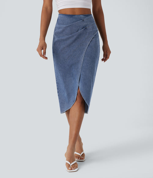 High Waisted Back Zipper Ruched Tulip Hem Midi Washed Denim Casual Skirt — Creek Blue Denim — view 1