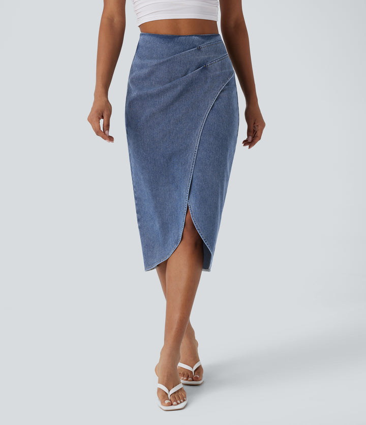 High Waisted Back Zipper Ruched Tulip Hem Midi Washed Denim Casual Skirt — Creek Blue Denim — view 1