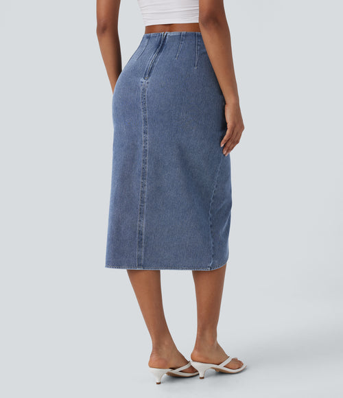 High Waisted Back Zipper Ruched Tulip Hem Midi Washed Denim Casual Skirt — Creek Blue Denim — view 2