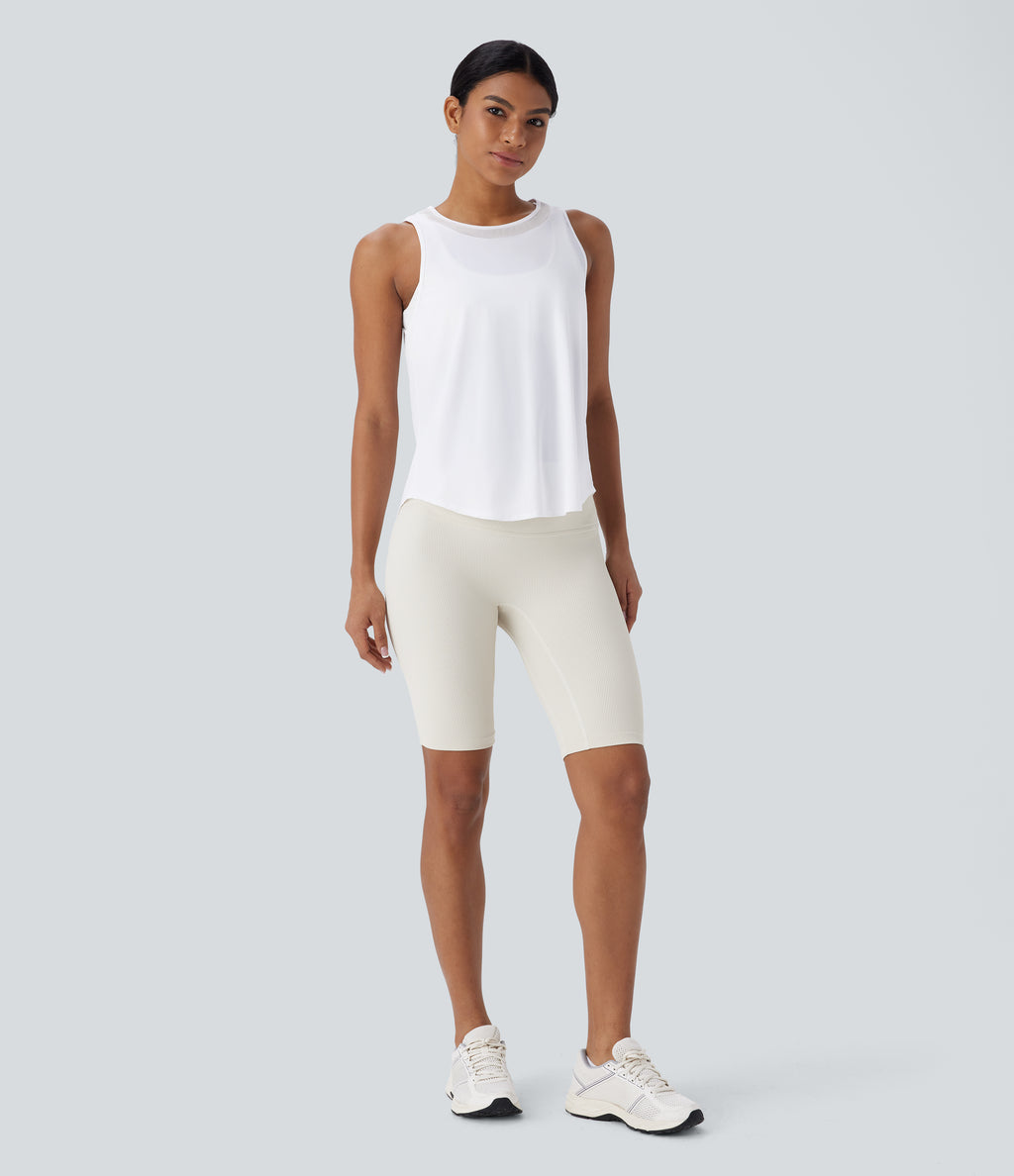 Contrast Mesh Curved Hem Quick Dry Running Tank Vest Top — White — view 6