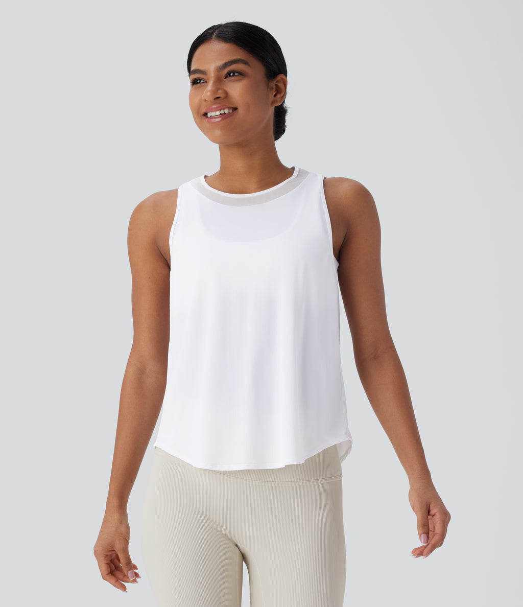 Contrast Mesh Curved Hem Quick Dry Running Tank Vest Top — White — view 2