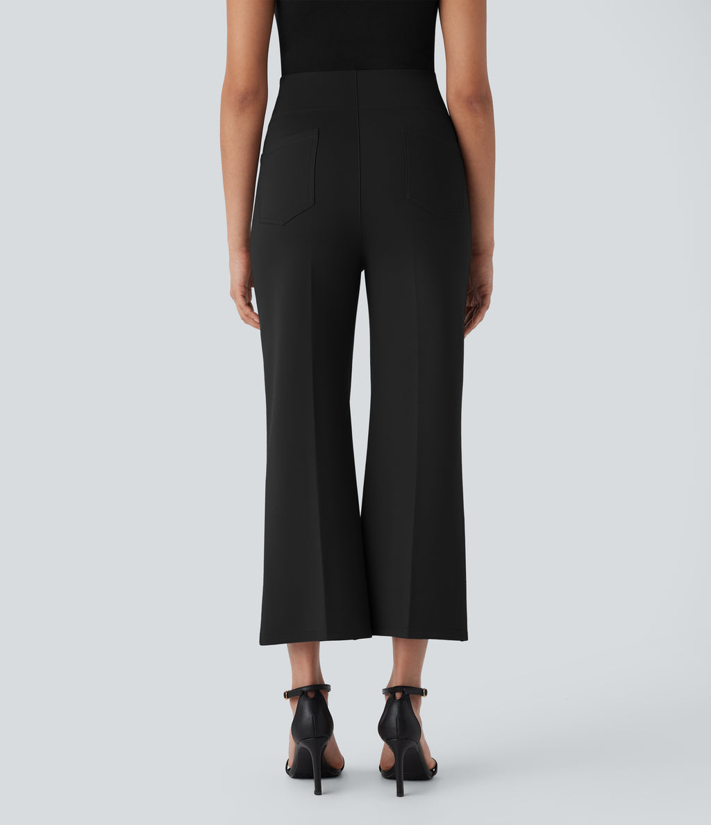 High Waisted Tummy Control Pocket Cropped Work Trousers — Black — view 2