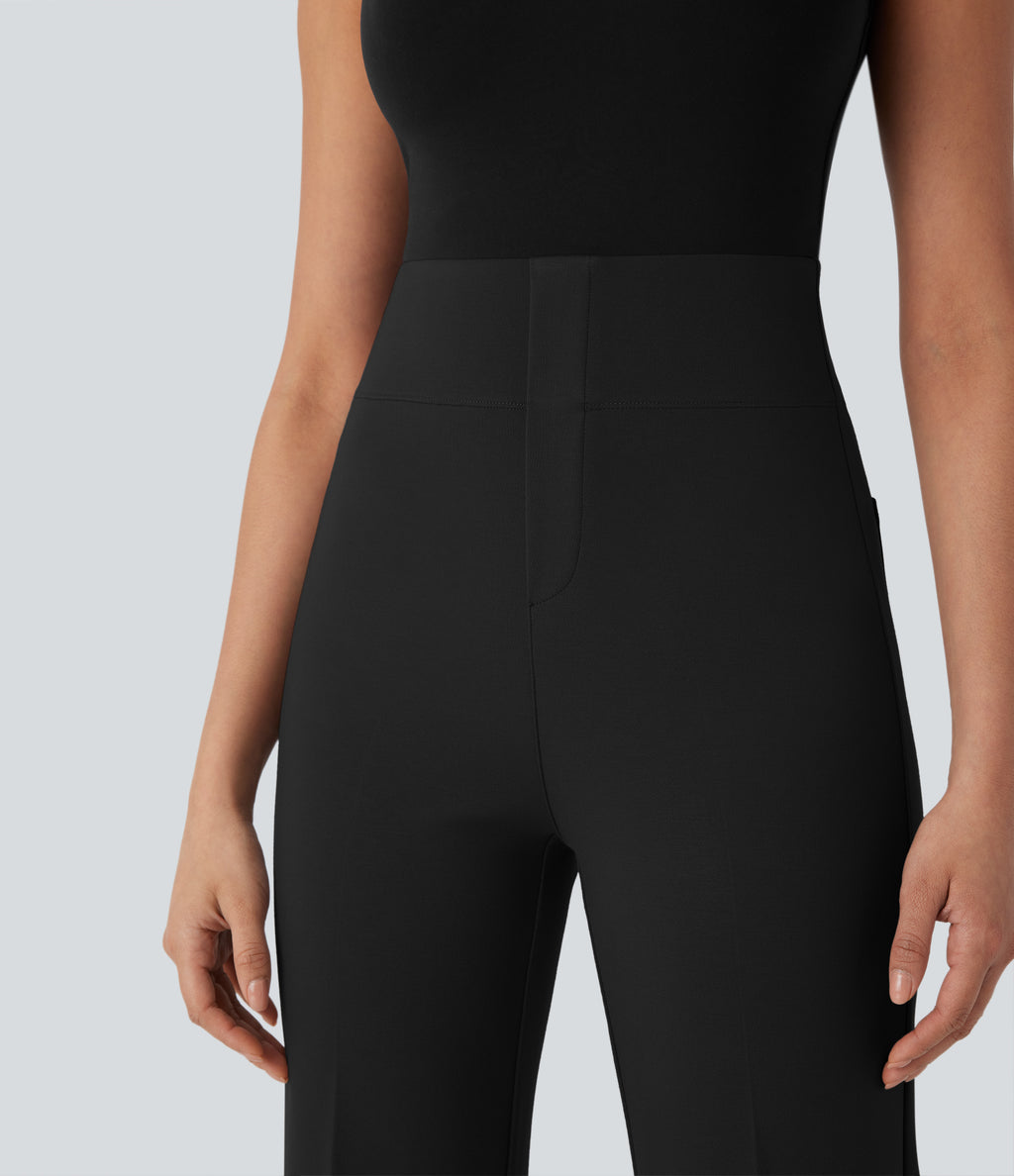 High Waisted Tummy Control Pocket Cropped Work Trousers — Black — view 5
