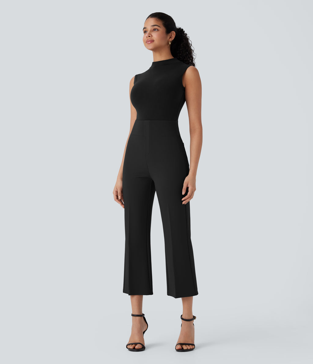 High Waisted Tummy Control Pocket Cropped Work Trousers — Black — view 6