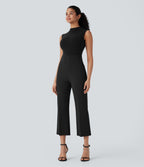 High Waisted Tummy Control Pocket Cropped Work Trousers — Black — view 6