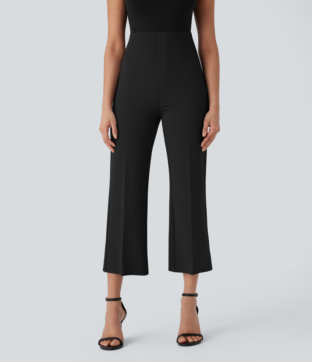 High Waisted Tummy Control Pocket Cropped Work Trousers — Black — view 3
