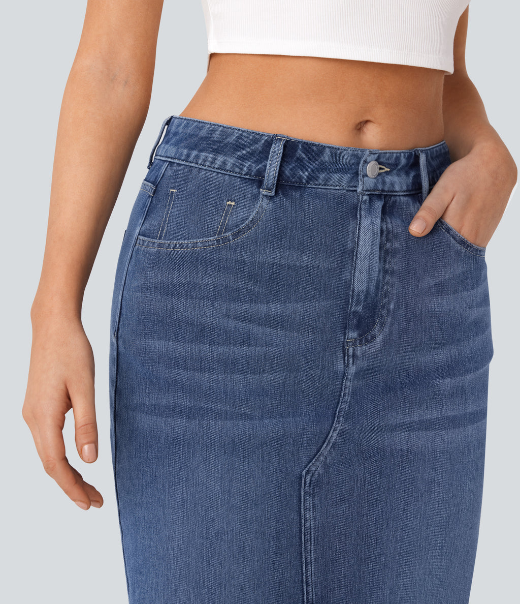 Mid Rise Pockets Straight Maxi Washed Denim Casual Skirt — Royal Blue Denim — view 5