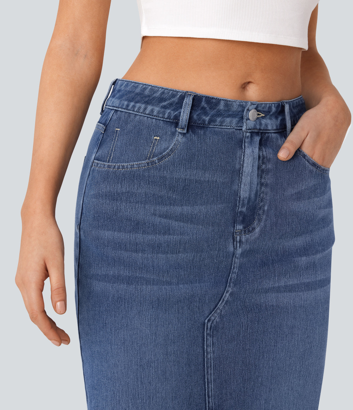 Mid Rise Pockets Straight Maxi Washed Denim Casual Skirt — Royal Blue Denim — view 5