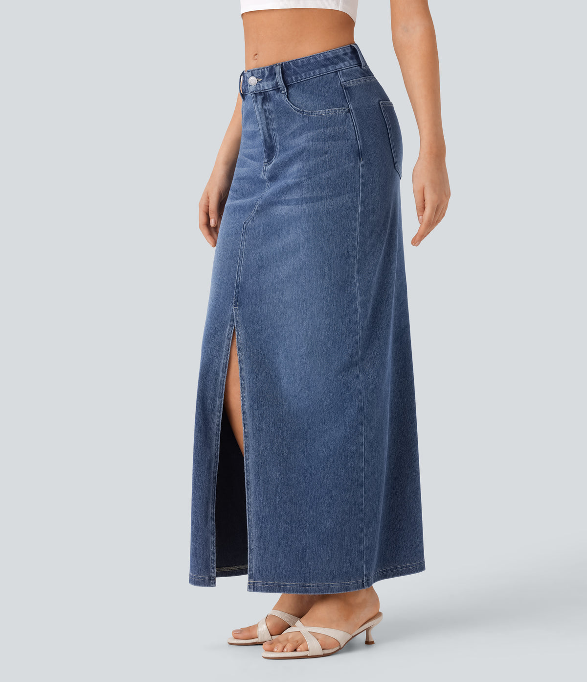 Mid Rise Pockets Straight Maxi Washed Denim Casual Skirt — Royal Blue Denim — view 4