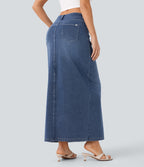 Mid Rise Pockets Straight Maxi Washed Denim Casual Skirt — Royal Blue Denim — view 3