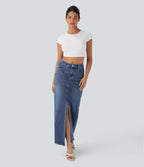 Mid Rise Pockets Straight Maxi Washed Denim Casual Skirt — Royal Blue Denim — view 8