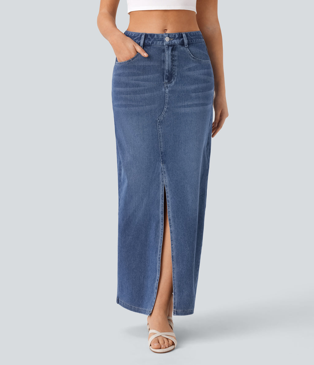 Mid Rise Pockets Straight Maxi Washed Denim Casual Skirt — Royal Blue Denim — view 1
