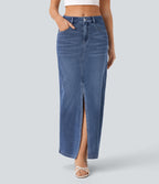 Mid Rise Pockets Straight Maxi Washed Denim Casual Skirt — Royal Blue Denim — view 1