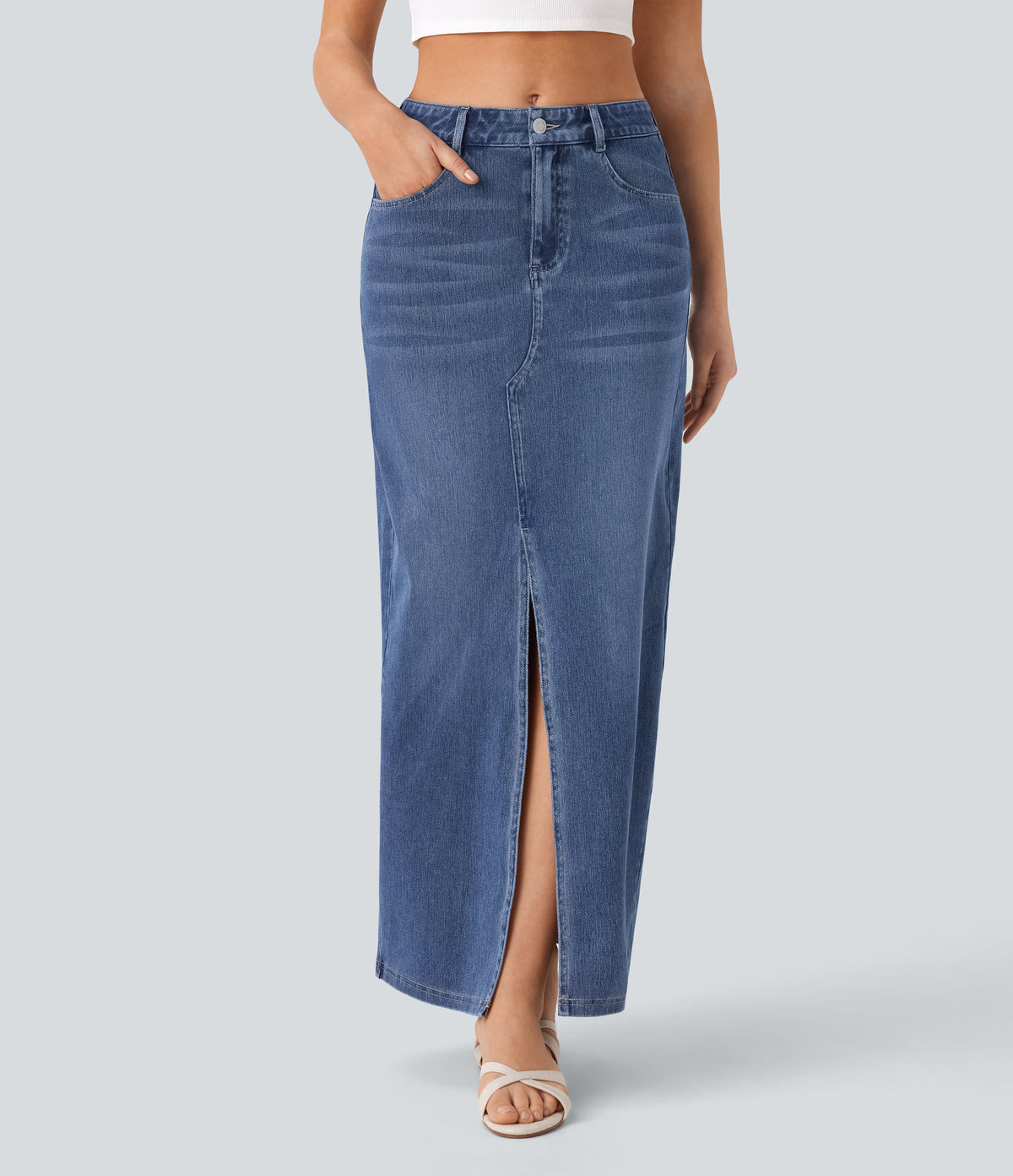 Mid Rise Pockets Straight Maxi Washed Denim Casual Skirt — Royal Blue Denim — view 1