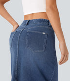 Mid Rise Pockets Straight Maxi Washed Denim Casual Skirt — Royal Blue Denim — view 6