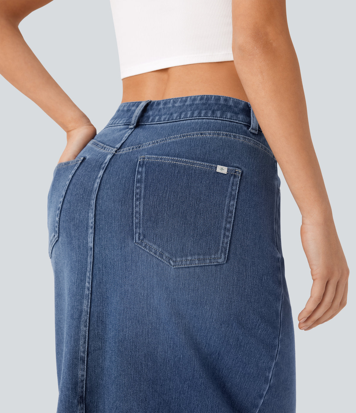 Mid Rise Pockets Straight Maxi Washed Denim Casual Skirt — Royal Blue Denim — view 6