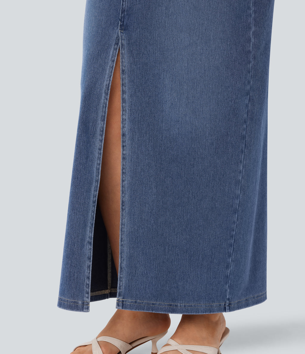 Mid Rise Pockets Straight Maxi Washed Denim Casual Skirt — Royal Blue Denim — view 7