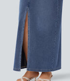 Mid Rise Pockets Straight Maxi Washed Denim Casual Skirt — Royal Blue Denim — view 7