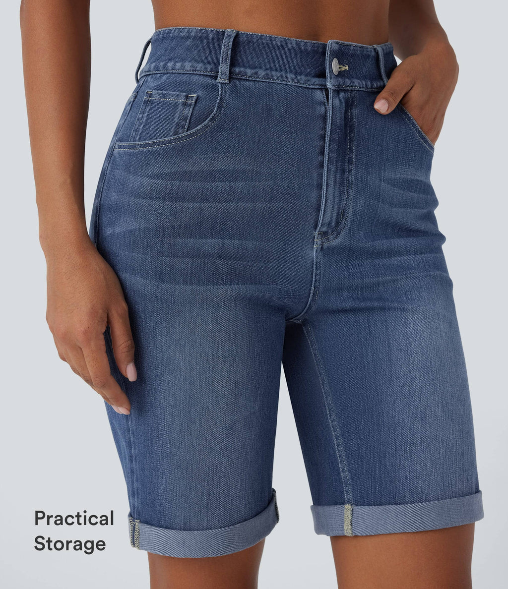 High Waisted Pockets Rolled Hem Washed Denim Casual Bermuda Shorts — Paint Blue Denim — view 6