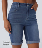 High Waisted Pockets Rolled Hem Washed Denim Casual Bermuda Shorts — Paint Blue Denim — view 6