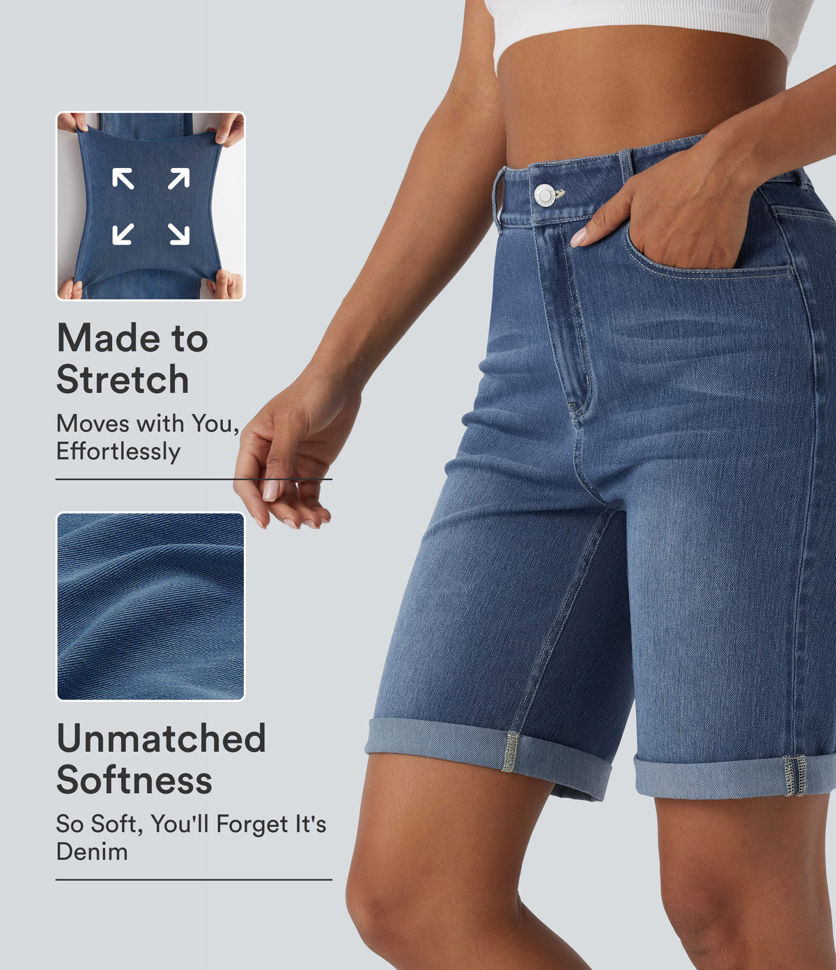 High Waisted Pockets Rolled Hem Washed Denim Casual Bermuda Shorts — Paint Blue Denim — view 1