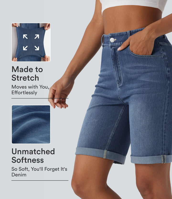 High Waisted Pockets Rolled Hem Washed Denim Casual Bermuda Shorts — Paint Blue Denim — view 1