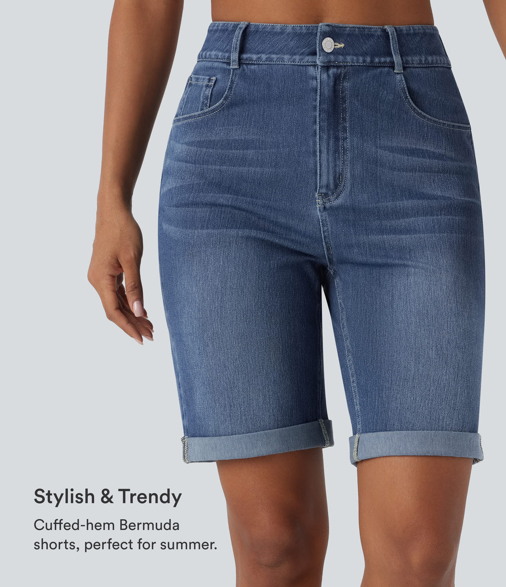 High Waisted Pockets Rolled Hem Washed Denim Casual Bermuda Shorts — Paint Blue Denim — view 7