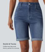 High Waisted Pockets Rolled Hem Washed Denim Casual Bermuda Shorts — Paint Blue Denim — view 7