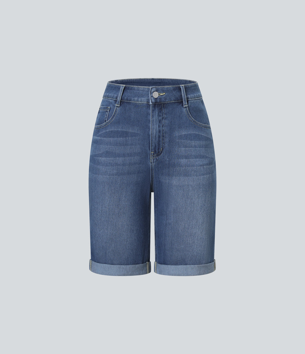 High Waisted Pockets Rolled Hem Washed Denim Casual Bermuda Shorts — Paint Blue Denim — view 8