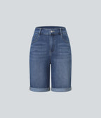 High Waisted Pockets Rolled Hem Washed Denim Casual Bermuda Shorts — Paint Blue Denim — view 8