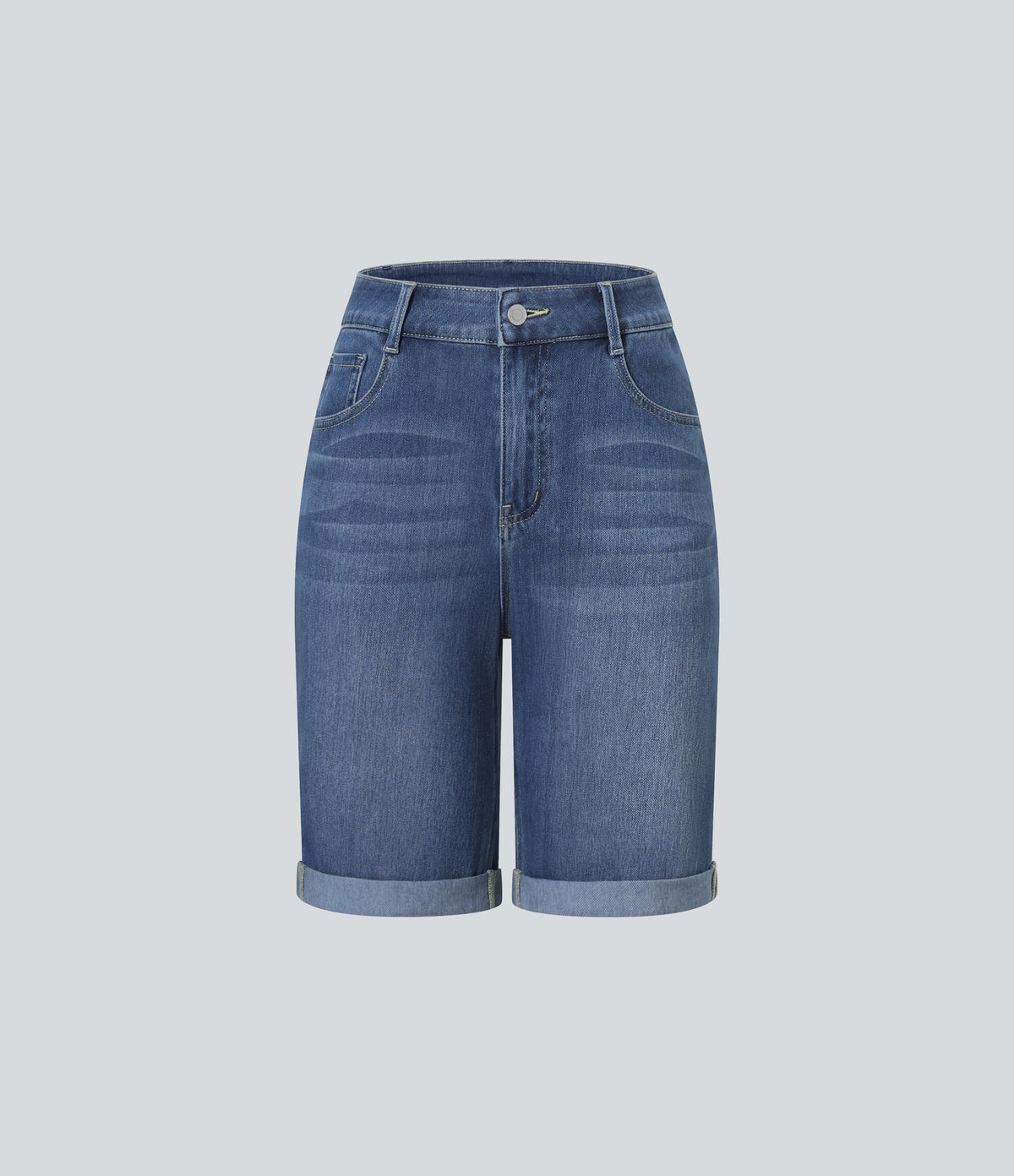 High Waisted Pockets Rolled Hem Washed Denim Casual Bermuda Shorts — Paint Blue Denim — view 8