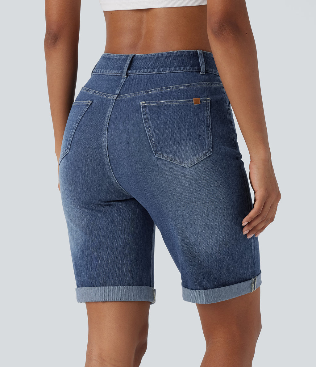 High Waisted Pockets Rolled Hem Washed Denim Casual Bermuda Shorts — Paint Blue Denim — view 2