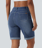 High Waisted Pockets Rolled Hem Washed Denim Casual Bermuda Shorts — Paint Blue Denim — view 2