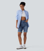 High Waisted Pockets Rolled Hem Washed Denim Casual Bermuda Shorts — Paint Blue Denim — view 3