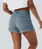 Mid Rise Pocket Rolled Hem Washed Denim Casual Shorts — Light Azure Blue Denim — view 2