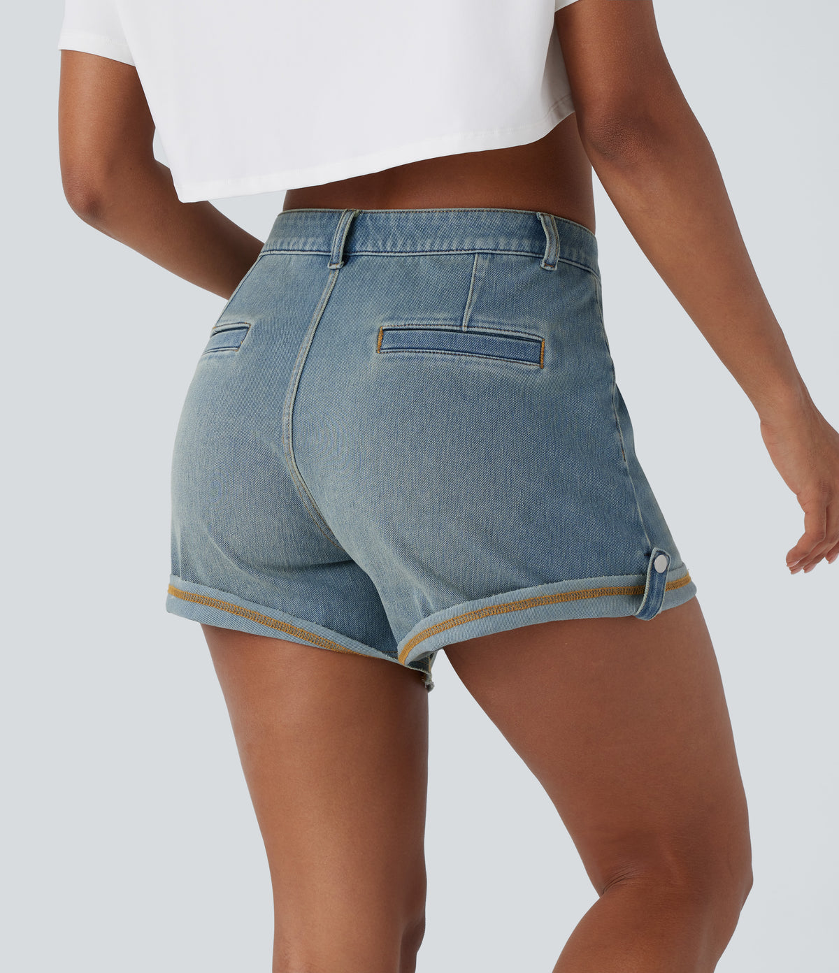 Mid Rise Pocket Rolled Hem Washed Denim Casual Shorts — Light Azure Blue Denim — view 2