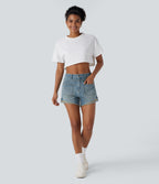 Mid Rise Pocket Rolled Hem Washed Denim Casual Shorts — Light Azure Blue Denim — view 7