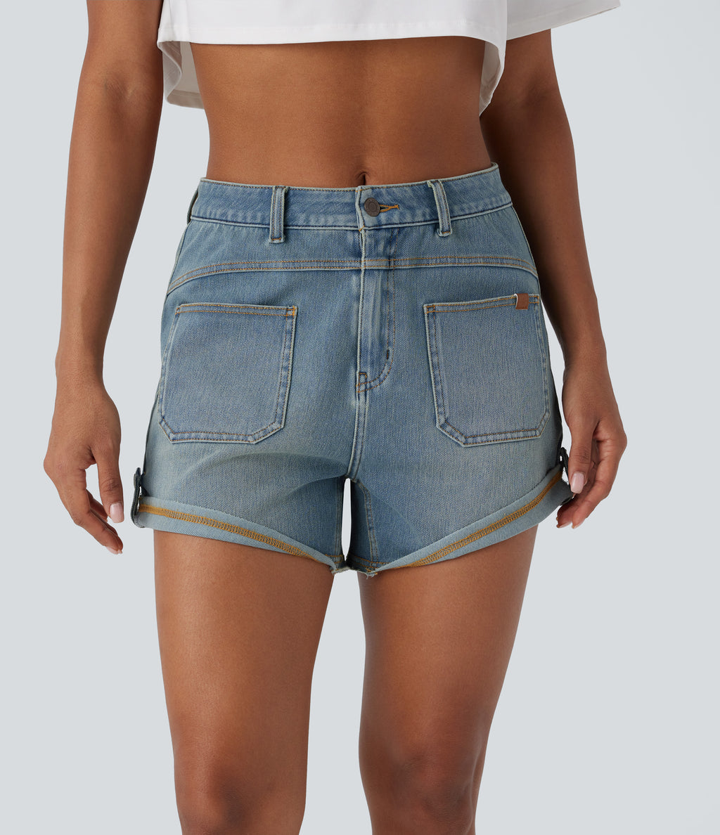 Mid Rise Pocket Rolled Hem Washed Denim Casual Shorts — Light Azure Blue Denim — view 3