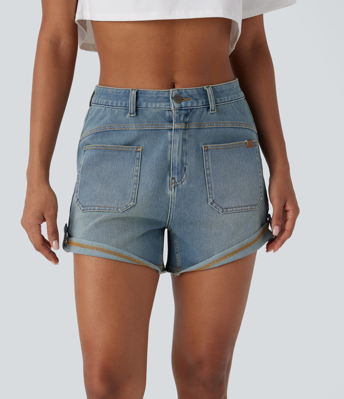 Mid Rise Pocket Rolled Hem Washed Denim Casual Shorts — Light Azure Blue Denim — view 3