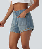 Mid Rise Pocket Rolled Hem Washed Denim Casual Shorts — Light Azure Blue Denim — view 1