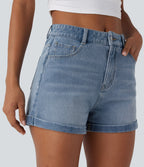 Mid Rise Zipper Pockets Denim Casual Shorts 3'' — Crushed Ice Blue Denim — view 8