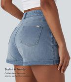 Mid Rise Zipper Pockets Denim Casual Shorts 3'' — Crushed Ice Blue Denim — view 7