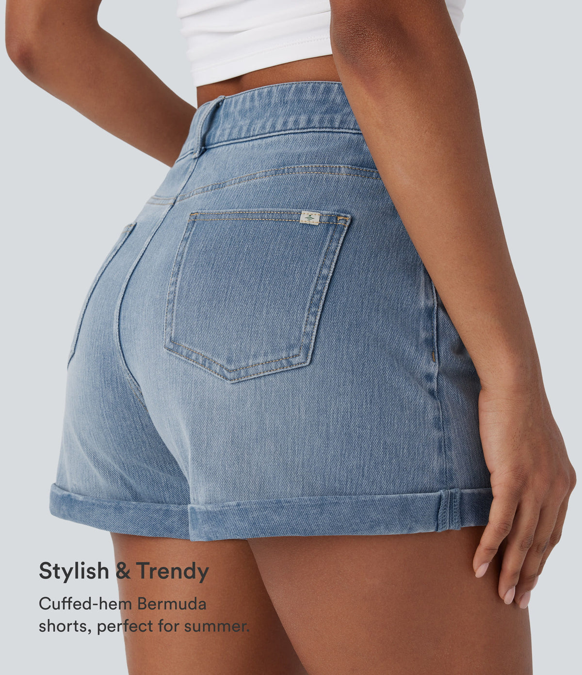Mid Rise Zipper Pockets Denim Casual Shorts 3'' — Crushed Ice Blue Denim — view 7