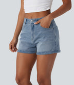 Mid Rise Zipper Pockets Denim Casual Shorts 3'' — Crushed Ice Blue Denim — view 1