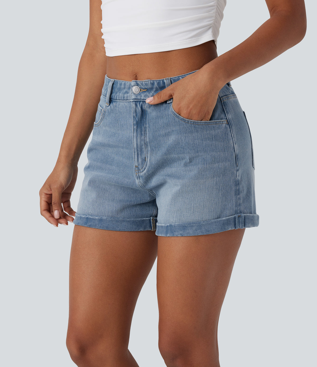 Mid Rise Zipper Pockets Denim Casual Shorts 3'' — Crushed Ice Blue Denim — view 1