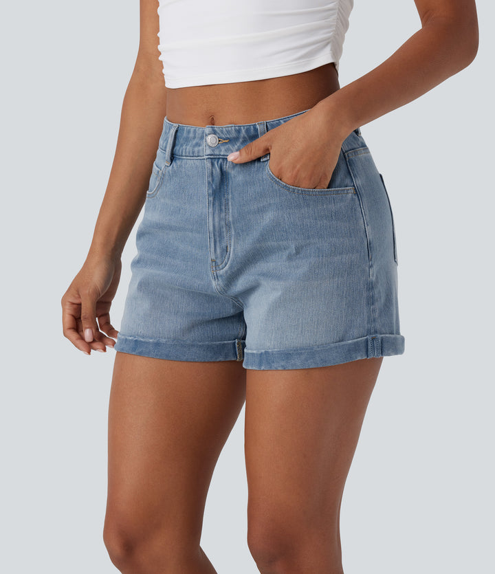 Mid Rise Zipper Pockets Denim Casual Shorts 3'' — Crushed Ice Blue Denim — view 1